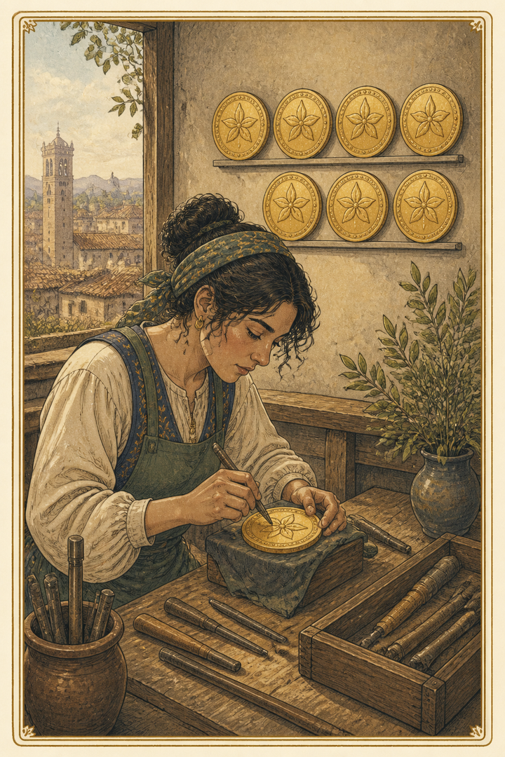 Original illustration for Eight of Pentacles tarot card