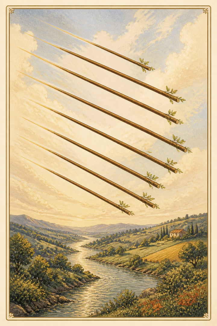 Original illustration for Eight of Wands tarot card