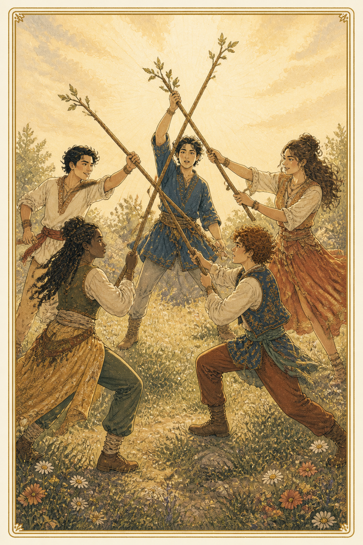 Original illustration for Five of Wands tarot card