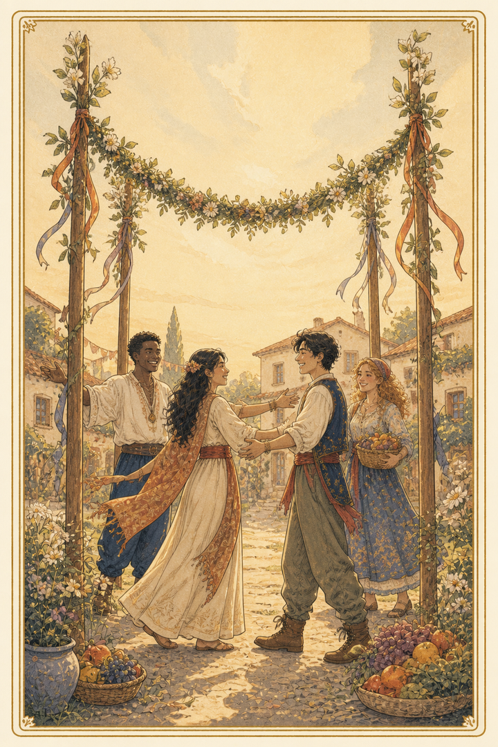 Original illustration for Four of Wands tarot card