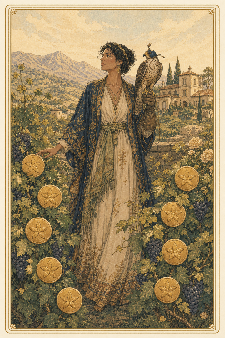 Original illustration for Nine of Pentacles tarot card