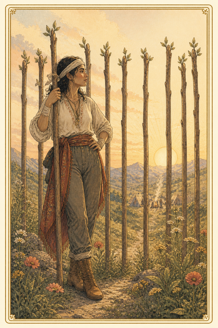 Original illustration for Nine of Wands tarot card