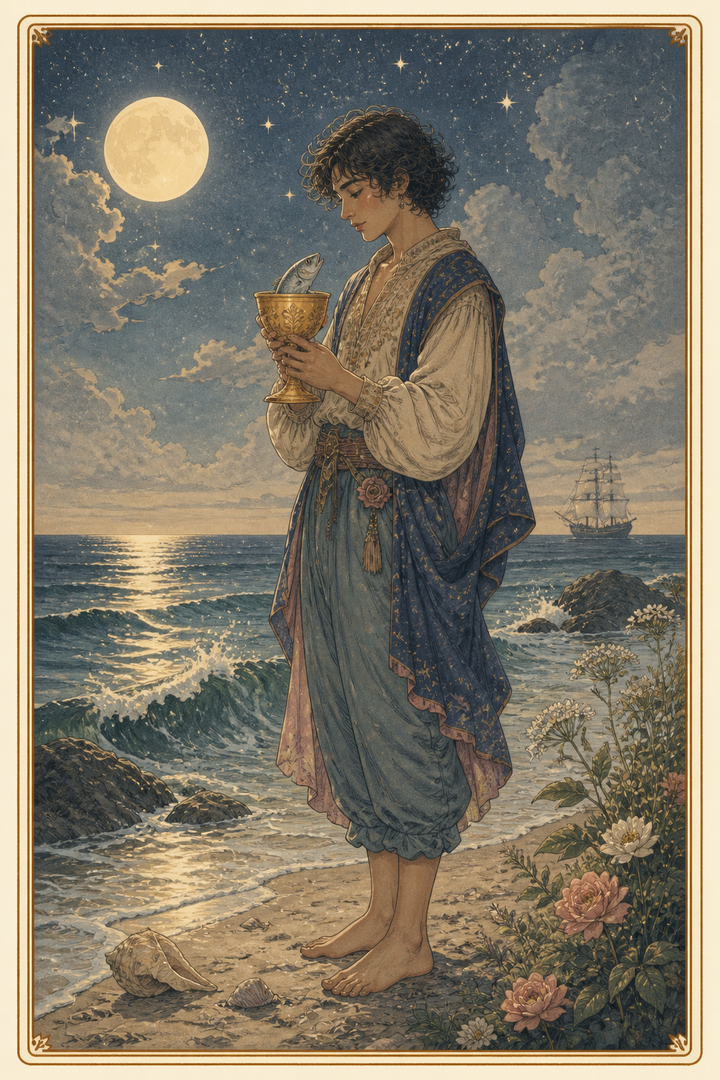 Original illustration for Page of Cups tarot card