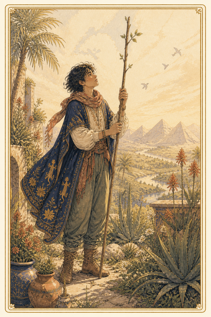 Original illustration for Page of Wands tarot card