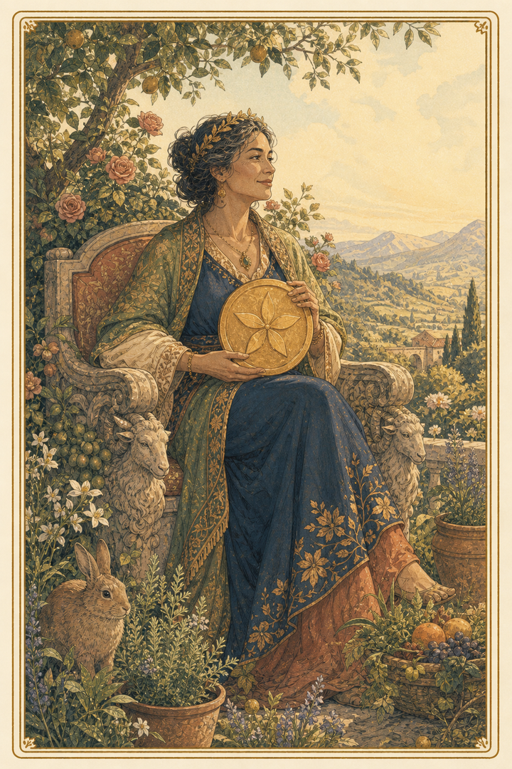 Original illustration for Queen of Pentacles tarot card