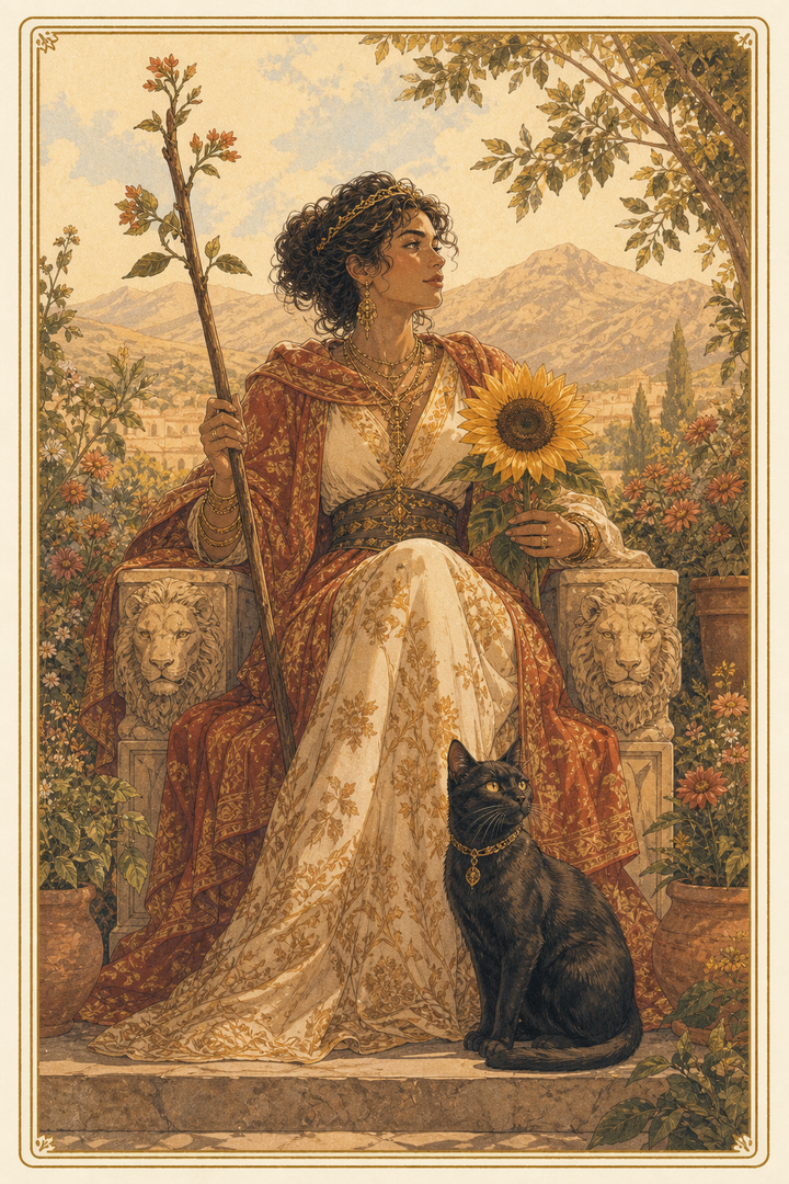 Original illustration for Queen of Wands tarot card