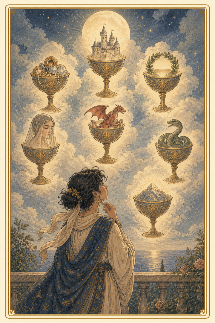 Original illustration for Seven of Cups tarot card