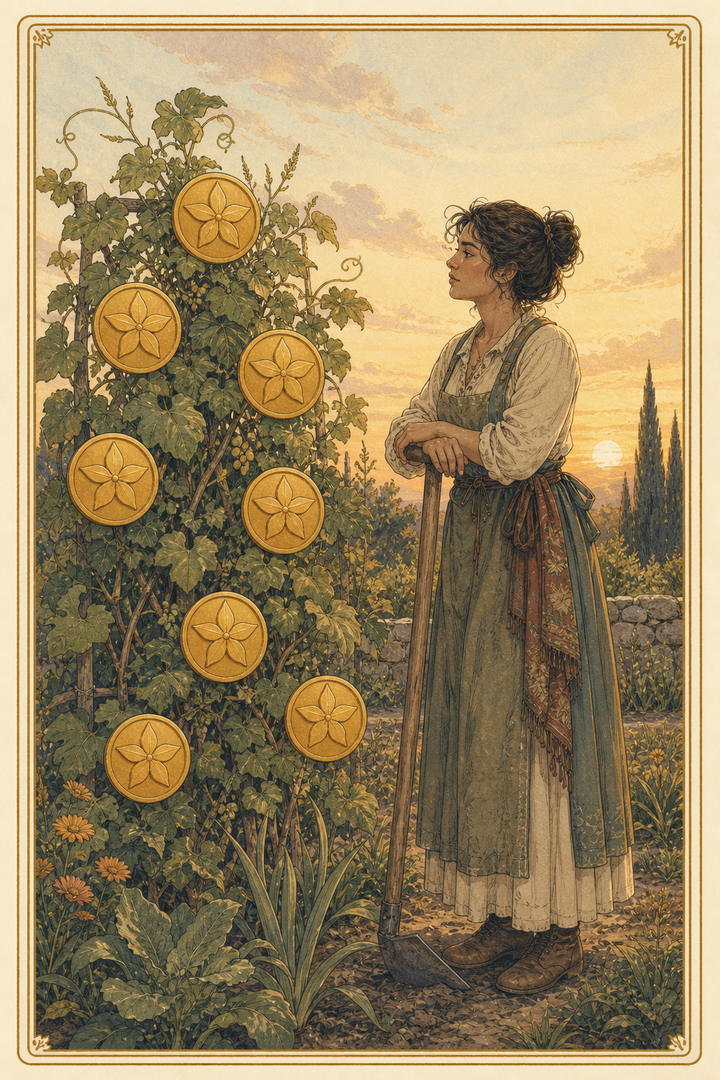Original illustration for Seven of Pentacles tarot card