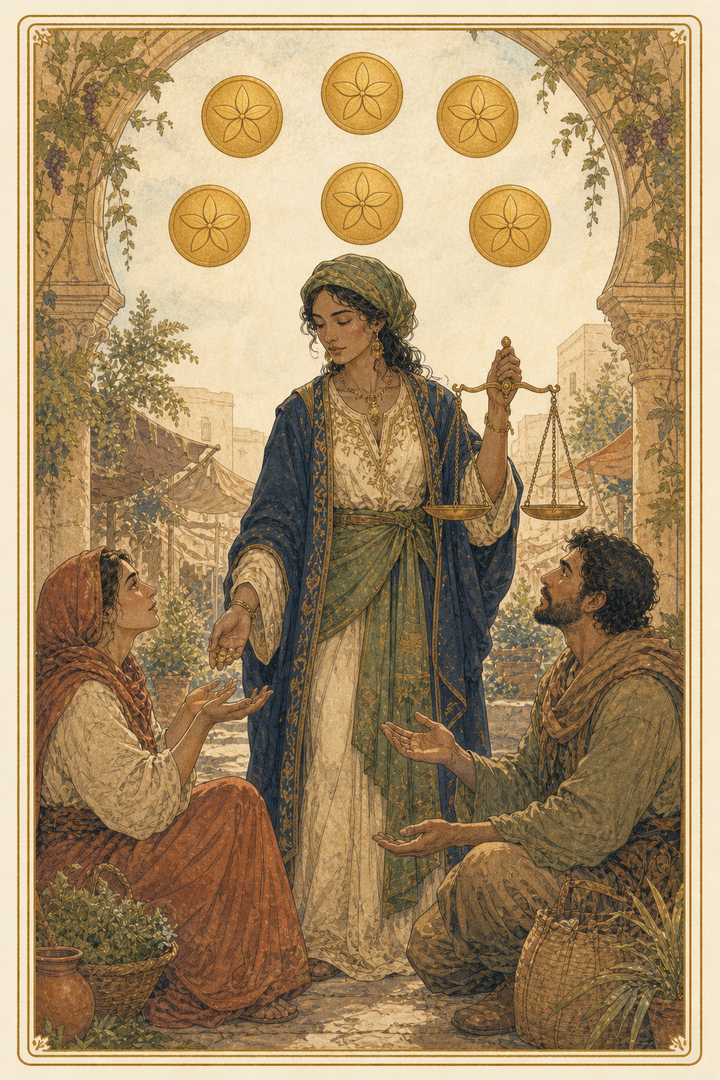 Original illustration for Six of Pentacles tarot card