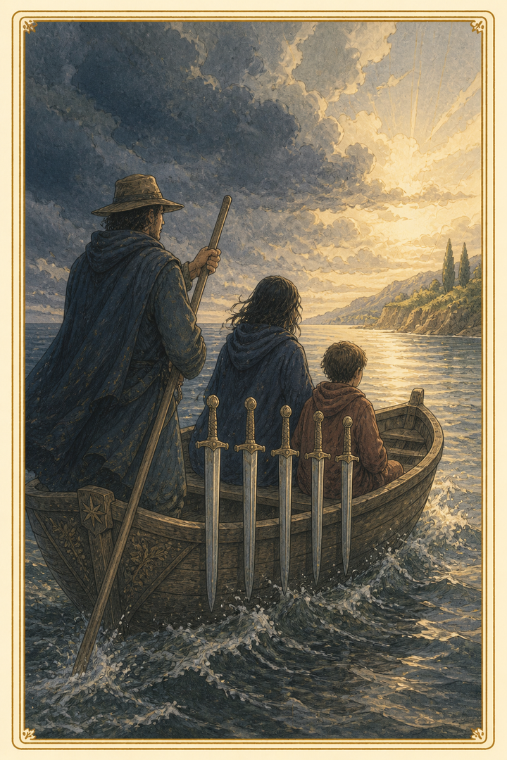 Original illustration for Six of Swords tarot card