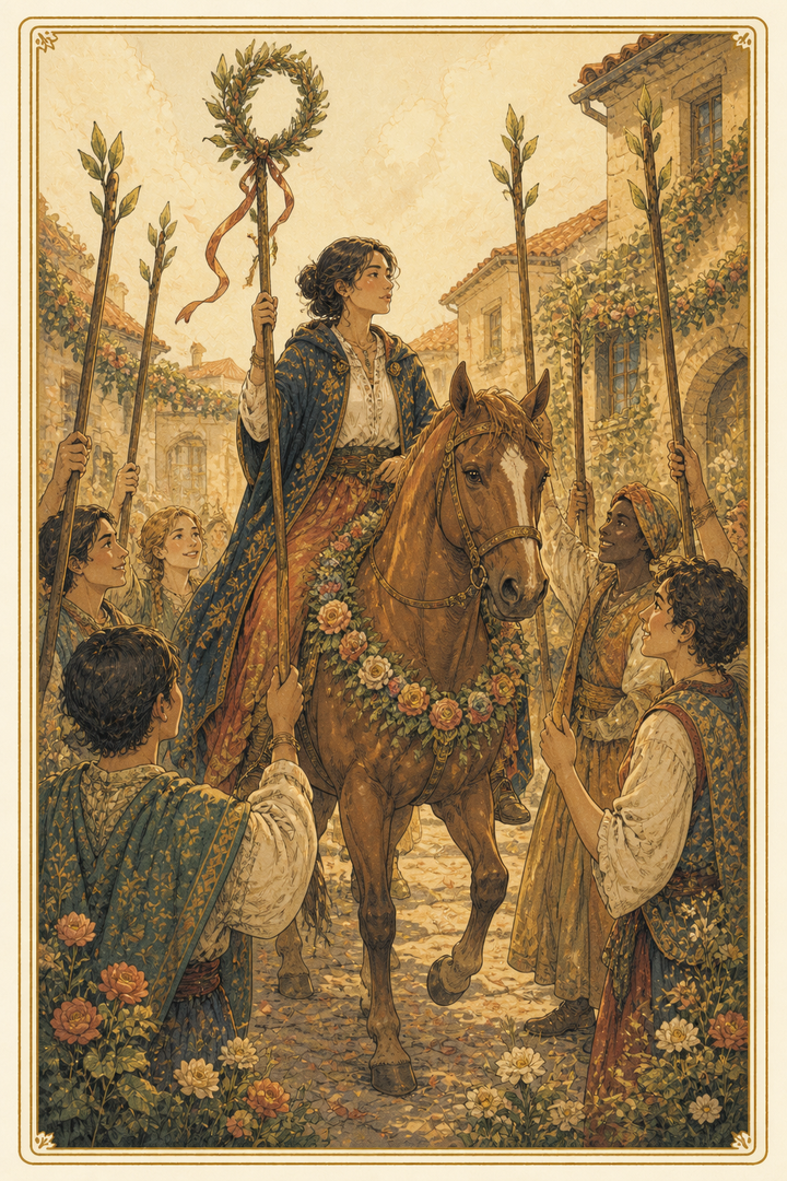 Original illustration for Six of Wands tarot card