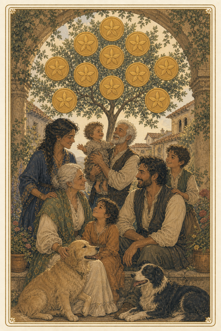 Original illustration for Ten of Pentacles tarot card