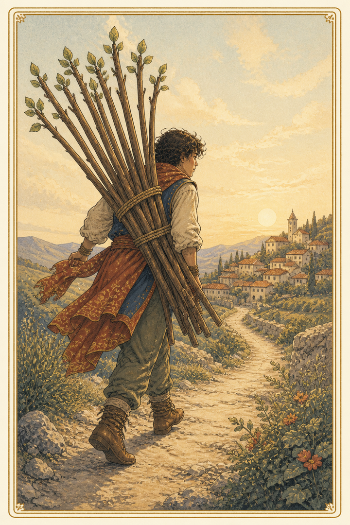 Original illustration for Ten of Wands tarot card